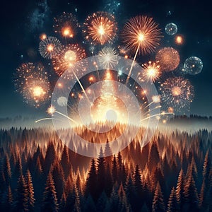 Superimposed Fireworks and Forest Ã¢â¬â Fireworks overlayed on a d photo
